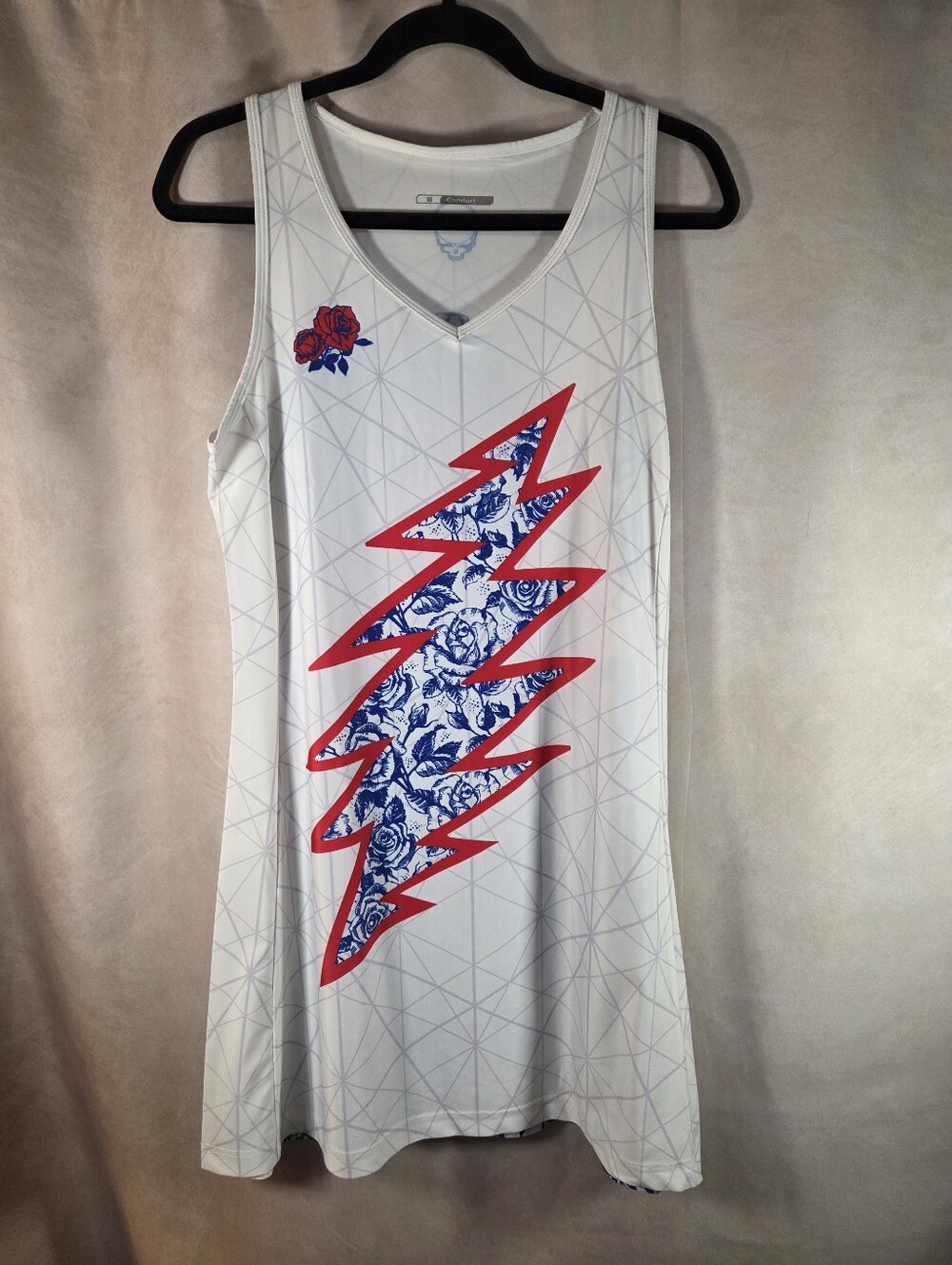 Grateful Dead White Sleeveless Skater Dress with Blue Floral Lightning Print
